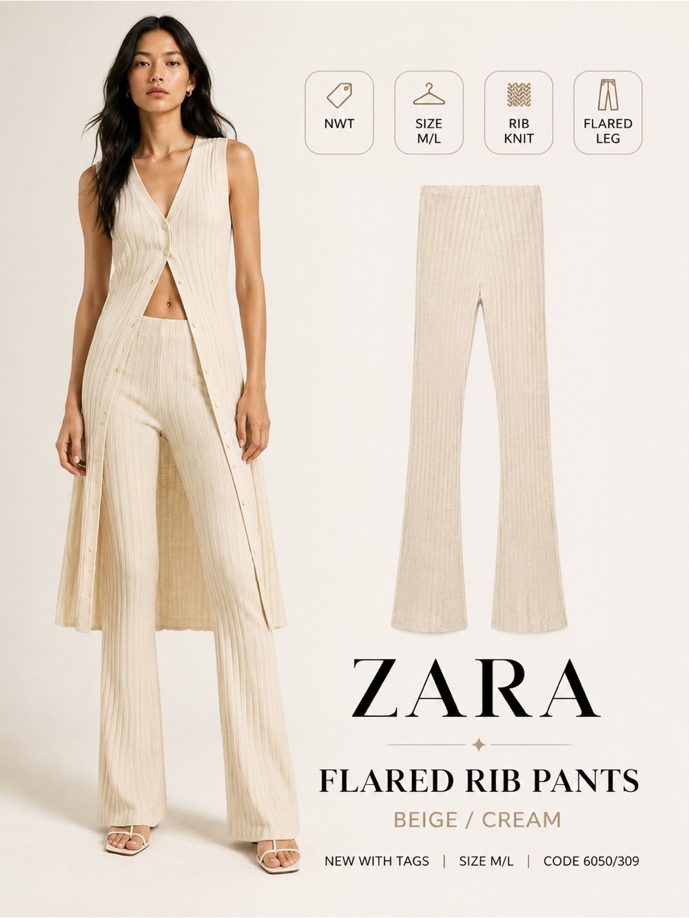 ZARA Beige Cream Flared Rib Knit Pants NWT Size M/L